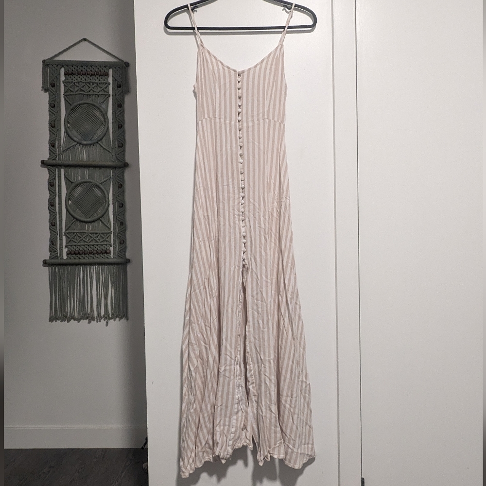 Beige Pinstripe Maxi Button Up Dress